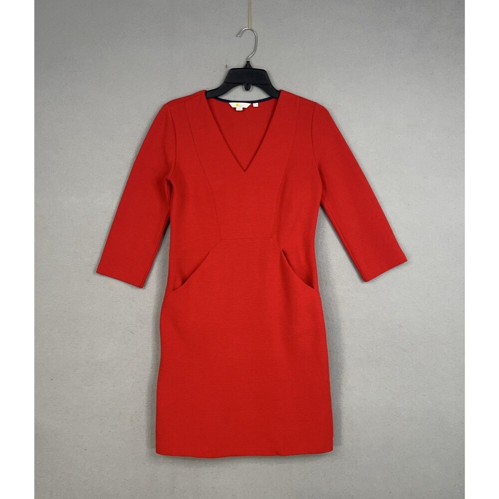Boden Dress Womens 2 Red V Neck  Ottoman Rib Pockets Minimal Quiet Luxury Office